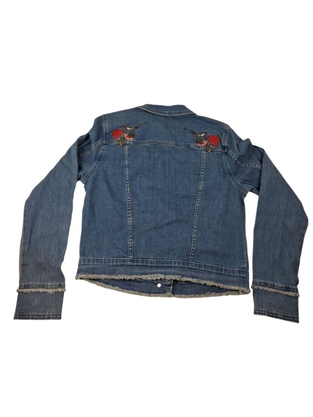 NWT Lauren Conrad Womens Size S Denim Jacket w/ Fraying & Embroidered Roses Bees - Picture 2 of 16